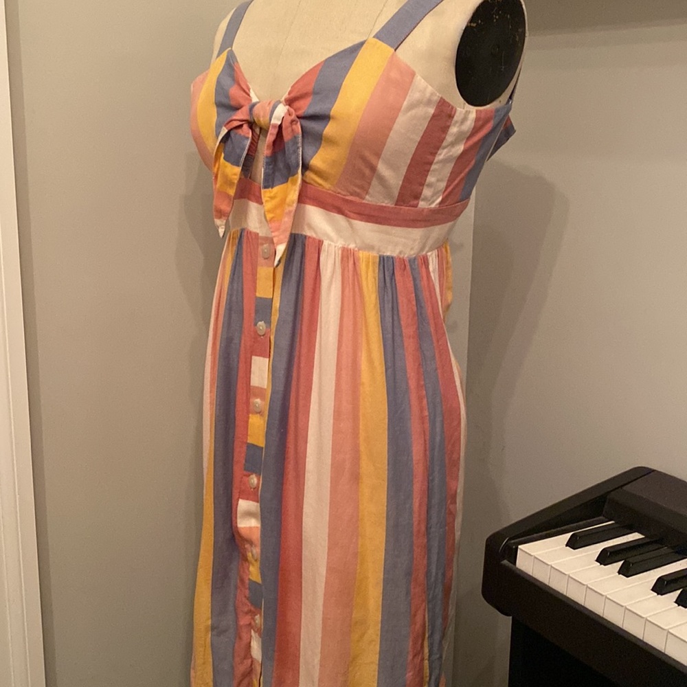 Madewell Tie Front Cut Out Dress Pink Sherbert Stripe Sundress Button Front 00 - Picture 3 of 7